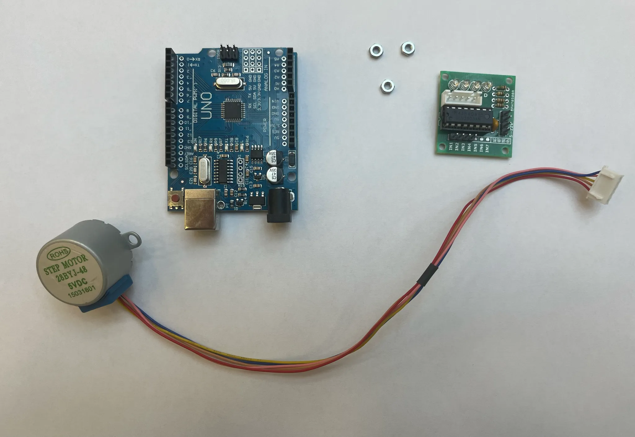 Arduino Uno, 28BYJ-48 stepper, and ULN2003 driver