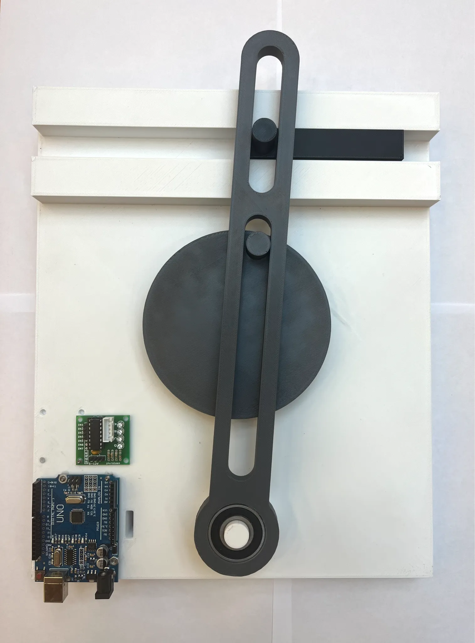 Assembled 3D-printed Whitworth mechanism wired to an Arduino and stepper driver